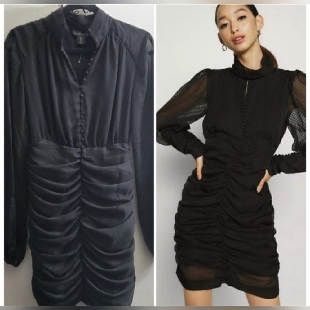 House of Harlow 1960 Ruched Sparkle Thread Long Sleeve Black Mini Dress size 8